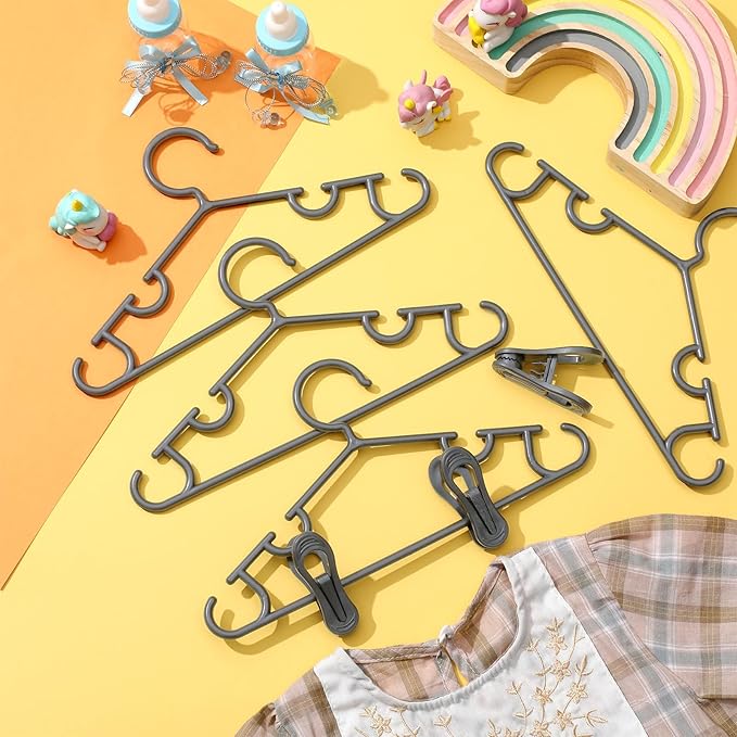 Hsei 5/10/40 Pack Baby Hangers with 10/20/80 Clips, Plastic Kids Pants Hangers for Nursery Closet Top and Bottom Clothes Hanger Set for Newborn Infant Toddler(60 Packs Total,Gray,10.6 Inch)