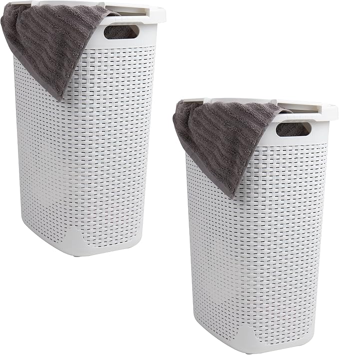 Mind Reader Slim Laundry Hamper with Lid, 60L Tall Clothes Basket, Narrow Tapered Design for Bathrooms, Closets and Laundry Rooms, Plastic, 2 Pack, White