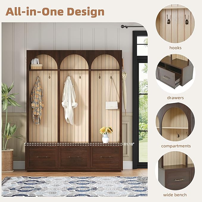 Farmhouse Hall Tree with Three Arched Design, All-in-One Design Wooden Coat Rack & Shoe Organizer with 3 Drawers, 59" Wide Entryway Bench with 8 Retro Hooks for Mudroom, Living Room (Dark Walnut//538)