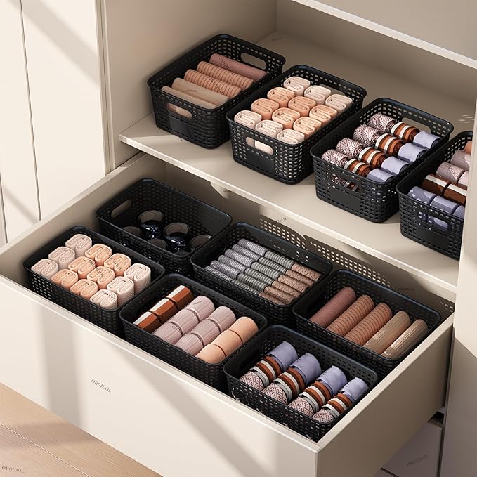 Plastic Storage Basket with Lids 10 Pack Stackable Black Storage Bins Containers with Lid, Decorative Storage Boxes for Organizing Shelves, Drawers, Playroom, Classroom, Office, Closet