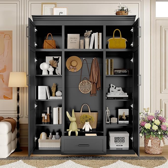 85.2''H Hall Tree with Bench and 3 Hooks, Modern Large Hall Tree with 5 Drawers and Adjustable Shelves, Entryway Storage Organizer Cabinet with 4 Doors for Hallway, Living Room (Black/509)