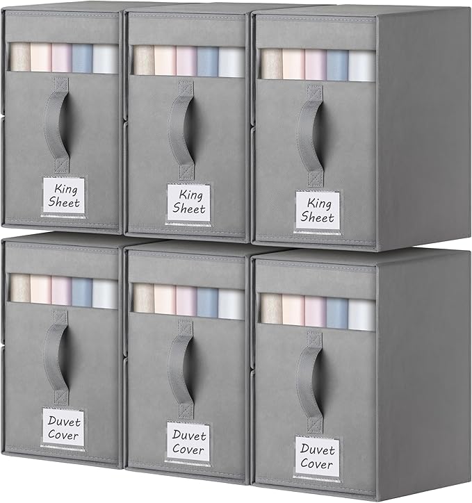 6 Pack Large Bed Sheet Organizers and Storage, (King & Queen Size) Sheet Organizer for Linen Closet, Foldable Bedding Storage Box with Window for Bedsheets, Blanket, Duvet Cover Grey