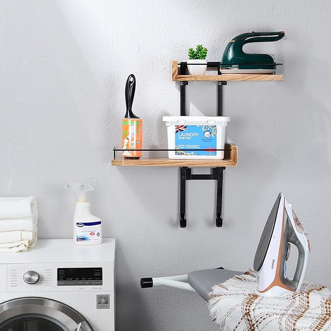 Ironing Board Hanger Wall Mount with Adjustable 2-Large Storage Shelves, Heavy Duty Space Saving Iron and Ironing Board Holder for Laundry Room, T&Y Leg Shaped, Carbonized Black