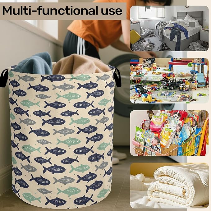 Cute Japanese-Style Fish Foldable Laundry Hamper - Waterproof Fabric Storage Basket with Handles, Clothes Hampers for Laundry,Bedroom,Dorm