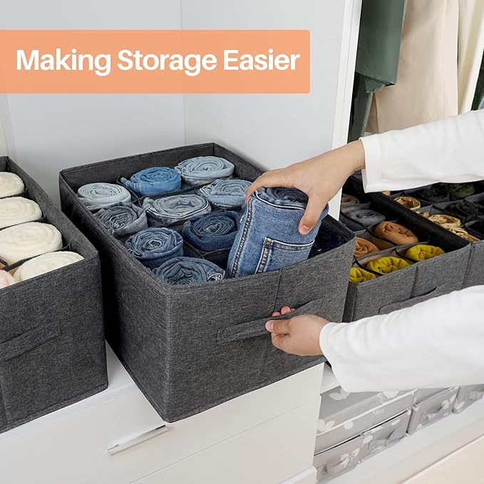 4Pcs Closet Organizers and Storage Bins for Clothes - 12 Cell Drawers Organizer Grid Storage Box for Jeans Pants Sweater T-shirts, Wardrobe Shelf Dividers Closets Organization