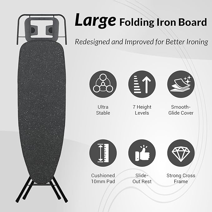 2026 Enhanced Ironing Board, Folding Iron Board with Retractable Iron Rest& Hook, 7-Level Height Adjustable Ironing Table with Thermo-Reflective Surface &10mm Thicken Pad, 43"x14"x36"