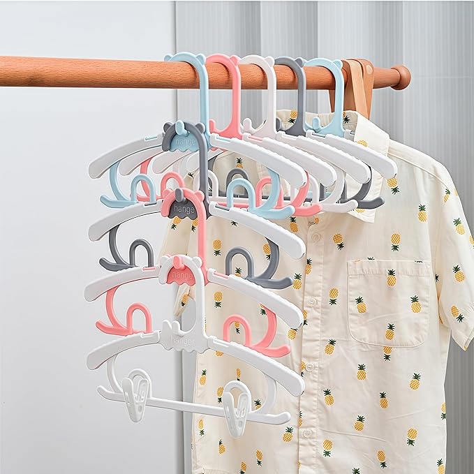 Baby Kids Clothes Hangers with Clips, 10 Pack Toddler Infant Childrens Hanger for Closet, Plastic Adjustable Stackable Hangers for Baby Clothes, Grey