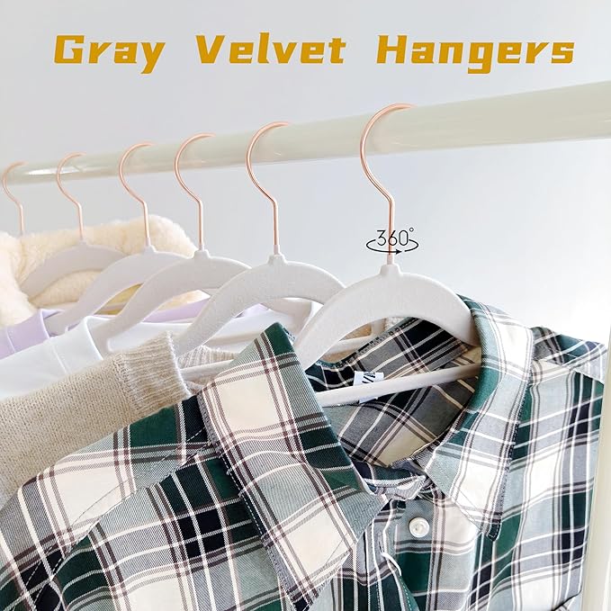 Gray Velvet Hangers 30 Pack - Rose Gold Hook, Space Saving Non-Slip Clothes Hangers, 16.5 Inch with Tie Bar for Coats,Sweater,Jackets,Dresses, Shirts, Suits & T-Shirts
