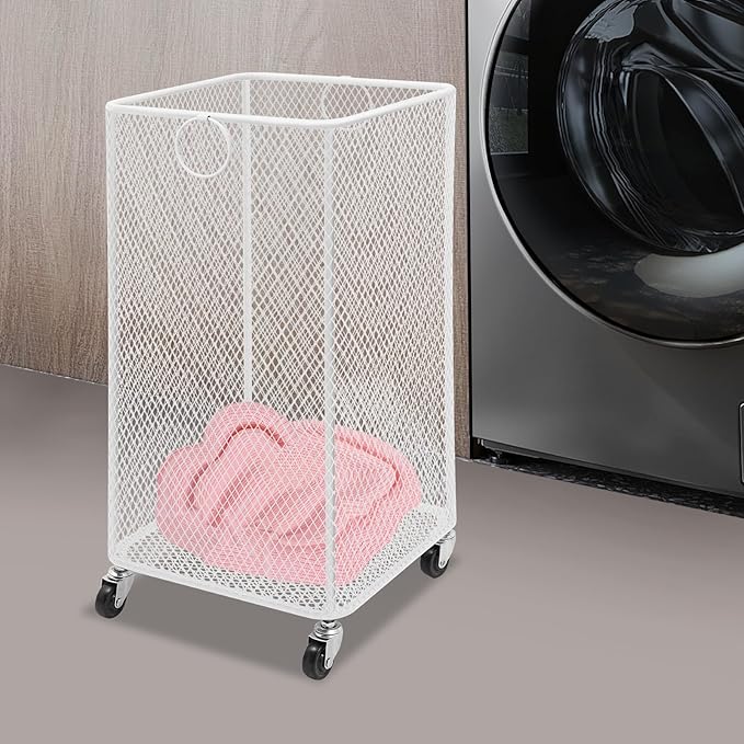 Laundry Basket on Wheels, Large Rolling Laundry Hampers, Stackable Storage Cart with Handles Removable Wire Organizer Baskets Clothing Sorting Rack (White, Square)