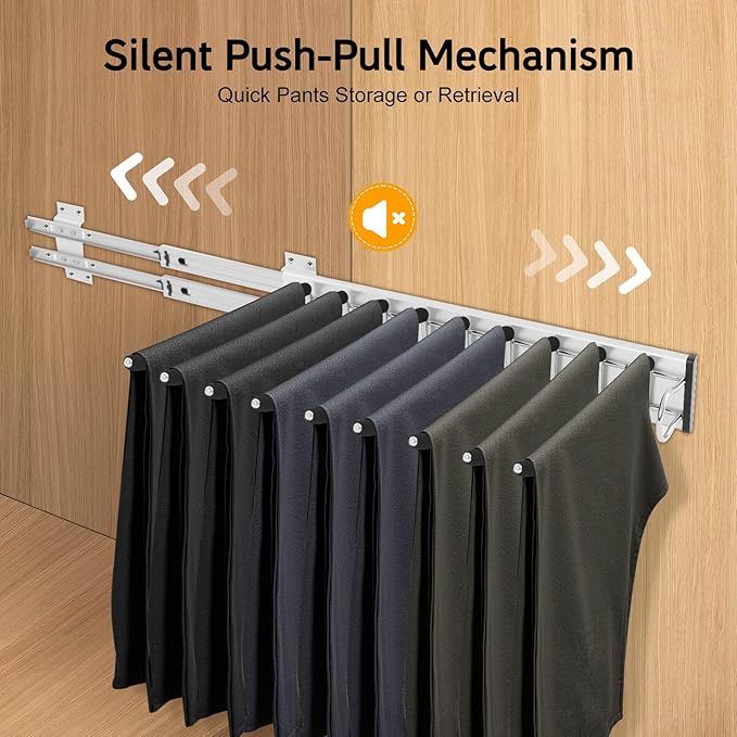 9 Arms Steel Slide Out Pants Rack Closet Pants Hanger Bar Pull Out Trousers Rack Tie Belts Scarf Racks, Wardrobe Clothes Organizers Rail Pull Out Closet Storage Rod-(Right Side Mounts)
