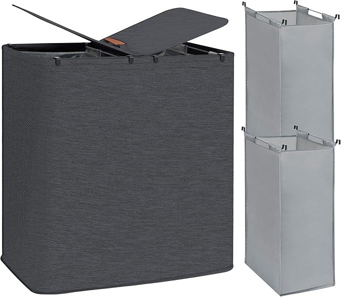 STORAGE MANIAC Double Laundry Hamper, 136L Laundry Sorter with Lid and Removable Bags, Clothes Hamper, Large 2 Section Clothes Basket with Handles for Small Space, Dorm, Closet, Bathroom, Black