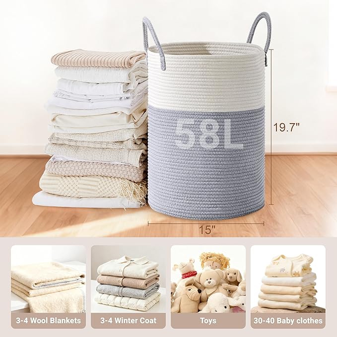 Tall Laundry Basket with Handles, 58L Portable Dirty Clothes Hamper, Boho Cotton Rope Storage Bin for Blankets Kids Toys Gifts, Decorative Organizer for Baby Nursery Bedroom Bathroom, Grey