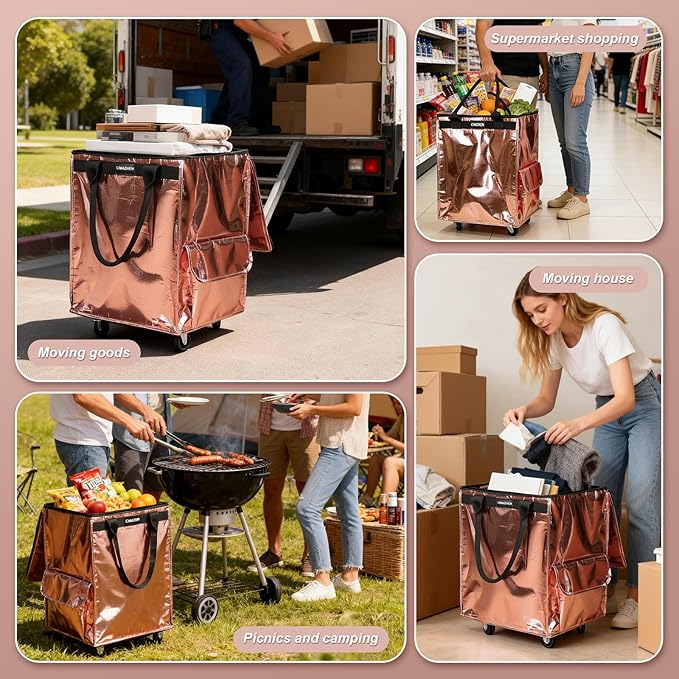 (Medium,Rose Gold) Reusable Grocery Bag on Wheels, Foldable Rolling Tote Bag with 3 Handles and Zipper, Storage Organizer for Clothes & Groceries, Rolling Shopping Cart, 76lb