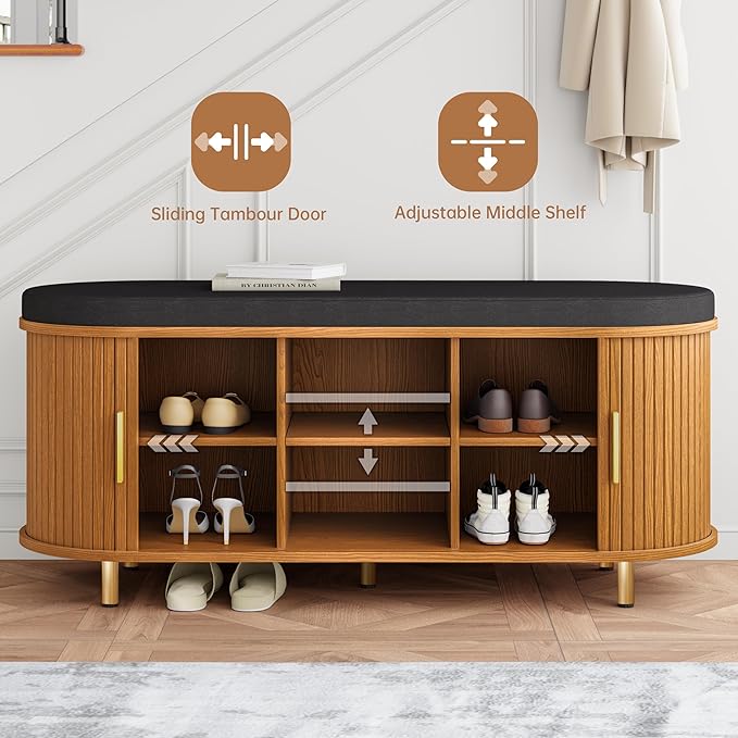 DHH 2-Tier Storage Bench, 43.3" Wide Shoe Bench with Thickened Padded Seat Cushion, Mid Century Modern Fluted Sliding Door and Adjustable Shelf, for Entryway, Living Room, Bedroom(Yellow Walnut)