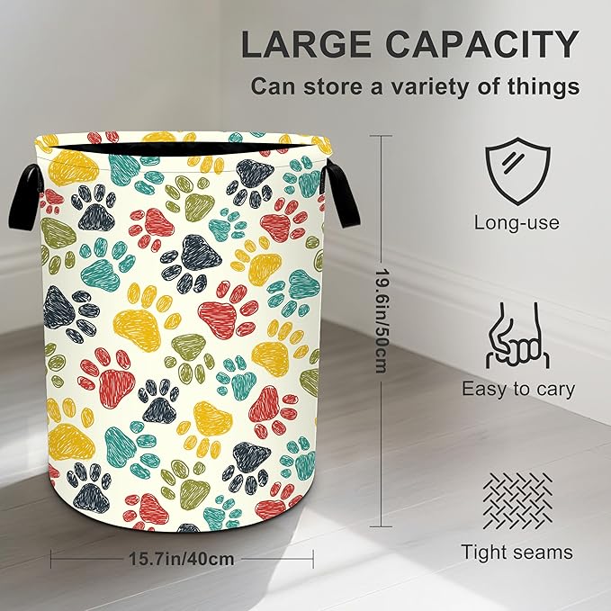 Paw Print Laundry Basket Storage Bin Foldable Laundry Hamper Clothes Storage Bucket Organizer 19.6x15.7 Inch For Laundry Room/Bedroom/Bathroom