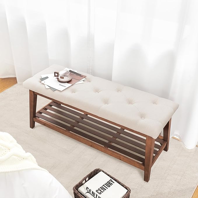 Upholstered Bench for Bedroom End of Bed,42.5-inch Entryway Bench for Living Room,Dining Bench with Padded Seat and Solid Wood Leg for Kitchen Bedroom,Indoor and Hallway (Shoe Bench, Beige)