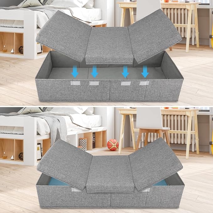 2 Pack 48L Under Bed Storage Containers, 6 Inches Tall Foldable Underbed Clothes Storage with Lids&3 Handles, 31.5 x 15.7 x 6 inches Low Profile Stackable Bins Box for Bedroom Blankets Clothes Shoes