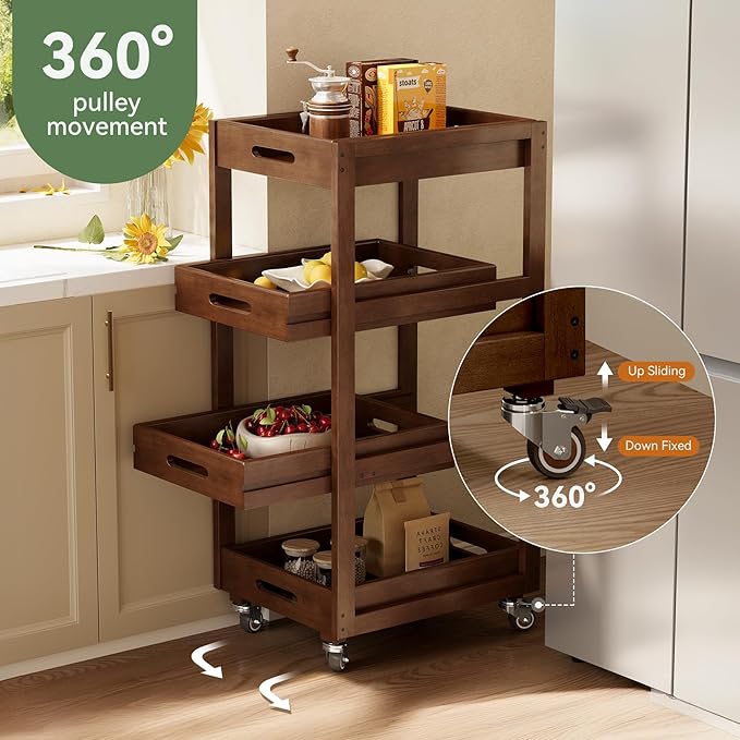 Solid Wood Storage Cart Set of 2, 4-Tier Slim Kitchen Rolling Cart with Wheels, Narrow Mobile Utility Organizer Shelving Unit for Small Space, Living Room, Dining Room, Laundry, Walnut