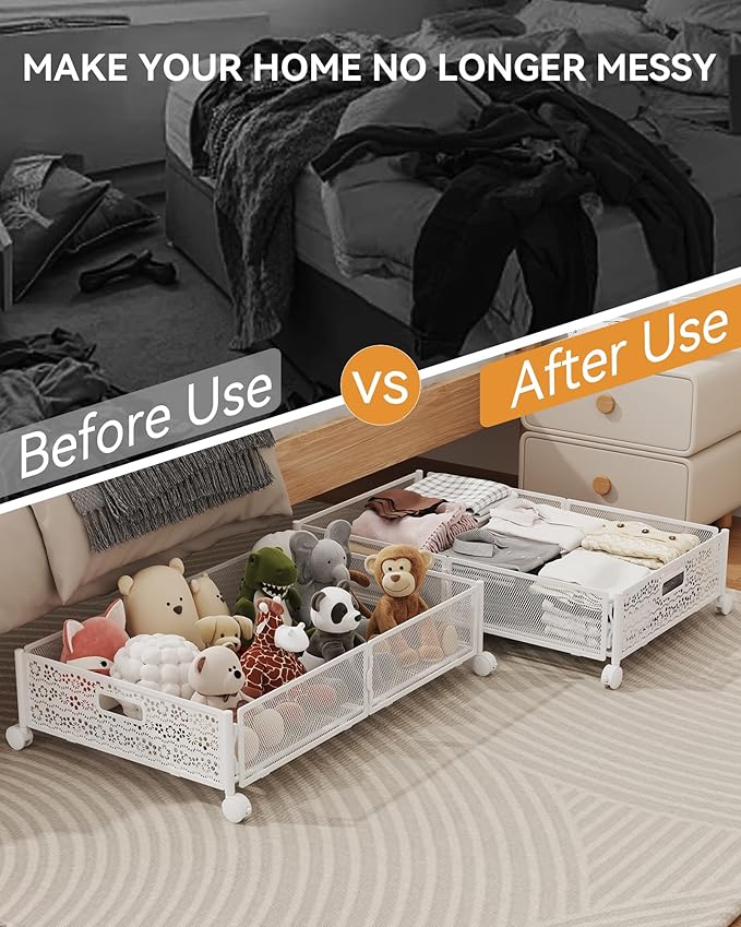 Under Bed Storage with Wheels, Foldable Pattern Carved Metal Under The Bed Storage, Tool-Free Assembly Underbed Storage, 60L Underbed Storage for Bedroom Clothes Blankets Shoes Toys