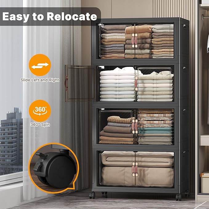 Extra Large Stackable Storage Bins with Lids & Wheels & Door,Foldable Collapsible Closet Organizers, Plastic containers drawers for bedroom Dorm (Dark-120qt, 4Pack with 1 top lid)