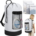 Laundry Bag Backpack with 3 Sizes Mesh Wash Bags and Shoulder Straps Foldable Clothes Hamper Bag with Drawstring Closure for College, Apartment, Laundromat (White)