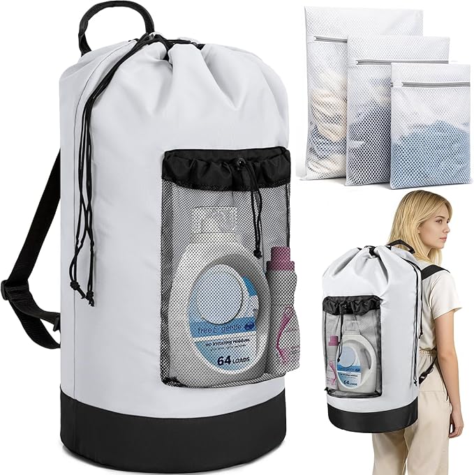 Laundry Bag Backpack with 3 Sizes Mesh Wash Bags and Shoulder Straps Foldable Clothes Hamper Bag with Drawstring Closure for College, Apartment, Laundromat (White)