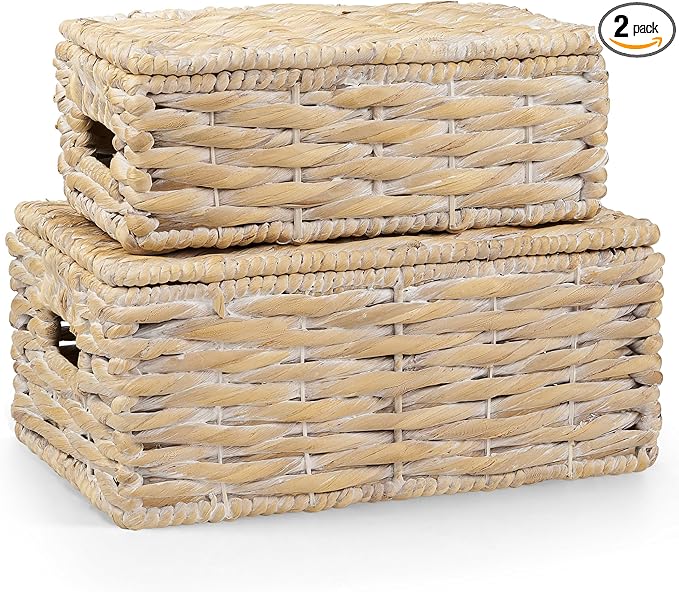 Set of 2 White Wicker Baskets with Lid