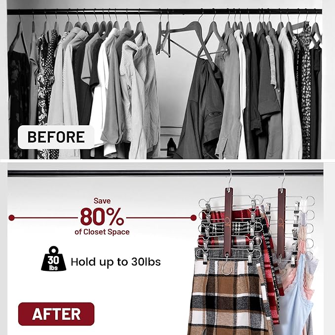 2 Pack Skirt Hangers with Clips, Space Saving Beechwood 5 Tier Pants Hangers with 360° Swivel Hook, Closet Organizer for Skirts, Pants, Tank Top-College Dorm Room Essentials (Brown)