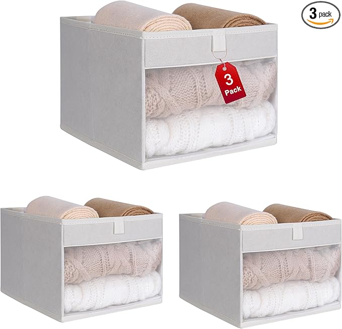 WUIKE 3 Pack Medium Storage Bins with Clear Window, Fabric Storage Bins for Home and Closet Organization, Beige