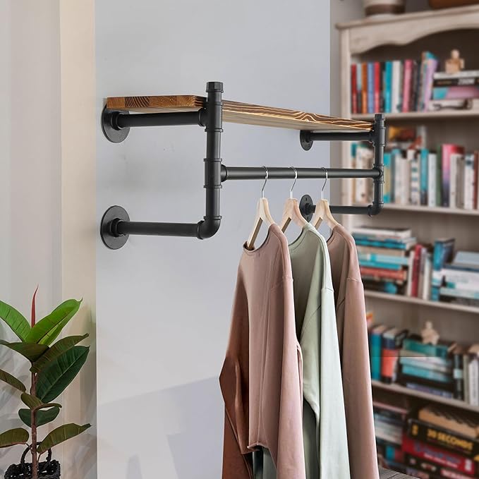 WEBI Wall Mounted Clothes Rack with Shelf,41.3" Long Industrial Pipe Clothing Rack with Shelves,Heavy Duty Iron Garment Rack Bar,Retail Display Clothes Rod for Clothes,Laundry Room,Black
