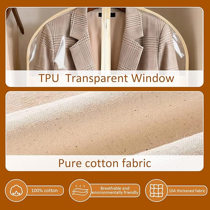 2 Pack 24 x 40 Inches Cotton Garment Bags for Hanging Clothes, Suit Bags for Clothes Coats Jackets Shirts Closet Storage Travel, Garment Covers with Clear Window