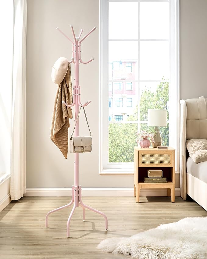 SONGMICS Coat Rack Freestanding, Metal Coat Rack Stand with 12 Hooks and 4 Legs, Holds Clothes, Hats, and Bags, for Entryway, Living Room, Bedroom, Jelly Pink URCR031R01