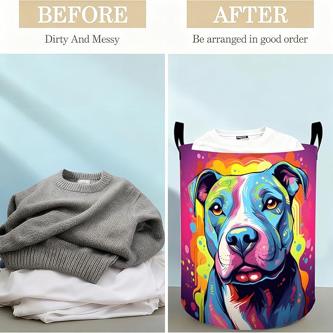 Colorful Pitbull Dog Laundry Basket Hamper for Boys Girls Kids Adults, Foldable Waterproof Oxford Clothes Storage Bin, Pet Art Organizer for Bedroom Bathroom Room Decor 19.7"x15.8"
