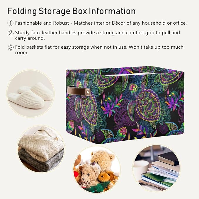 Large Storage Basket Bin Mandala Sea Turtle Storage Cube Box Foldable Canvas Fabric Collapsible Organizer with Handles for Home Office Closet