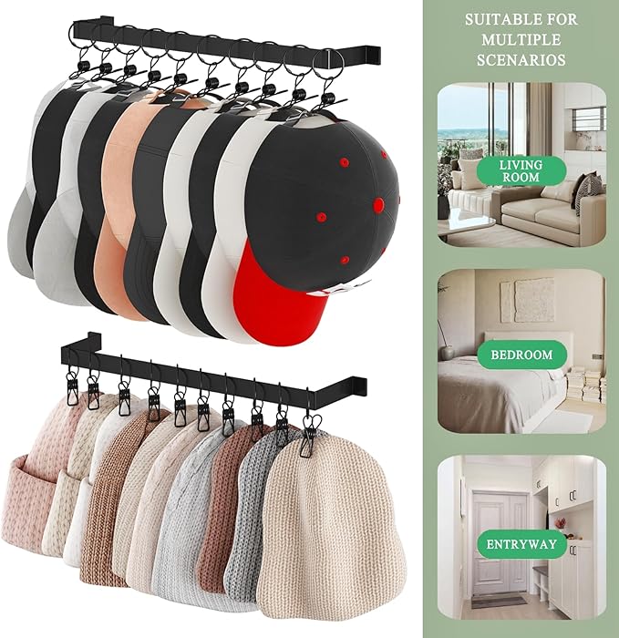 Hat Rack Wall Set of 2, Wall Mounted Hat Hanger Metal with Hooks for Baseball Cap Cowboy Hat, Closet Storage Organizer for Bedroom Entryway