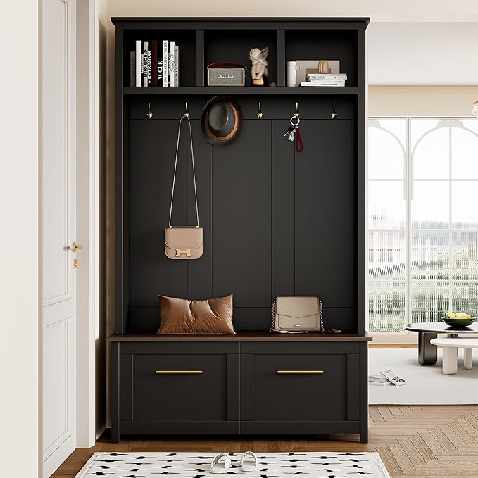 Modern Hall Tree with 6 Golden Hooks, Wood Entryway Coat Hanger with Brown Wood Grain Storage Bench and Top Open Storage Shelves, Versatile 4-in-1 Entryway Coat Rack for Entrance Hallway (Black-9.8)