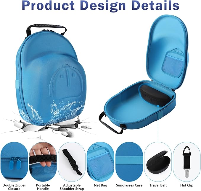 Hat Travel Case, Hard Hat Carrier Organizer with Clip & Glasses Storage, Holds 6 Baseball Caps for Home/Travel - Blue
