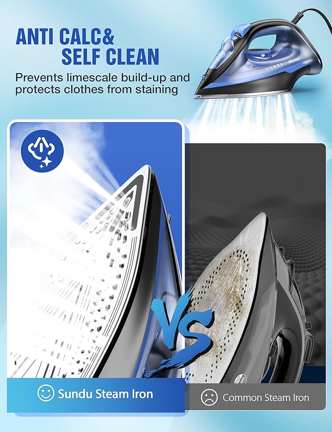 Steam Iron for Clothes 12s Fast Heat-up, 1500W Iron with 13.21oz Water Tank, 3-Way Auto shutoff, Burst Steam, Spray Mist, Anti-Drip, Self-Cleaning, Vertical Ironing for Home 20260108A