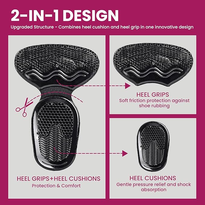 Heel Grips for Women Shoes - Bukihome Heel Pads for Shoes That are Too Big, Non-Slip, Reduce Friction T-Shape Design Shoe Cushions for High Heels, Sandals, Pumps, Flats, Boots (4 Pcs, Black)