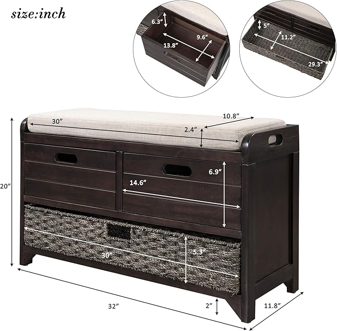 SOFTSEA Storage Bench Upholstered Storage Ottoman with Removable Basket and 2 Drawers, Farmhouse Shoe Bench with Seat Cushion, Full Assembled, Espresso