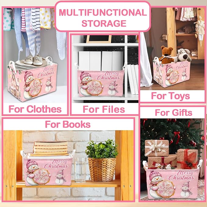 1 Pcs Pink Christmas Theme Storage Basket, Merry Christmas Storage Boxes, Foldable Snowman Decor Storage Boxes, for Family Bedroom Toy Clothing Storage, Xmas Party Decor Gifts