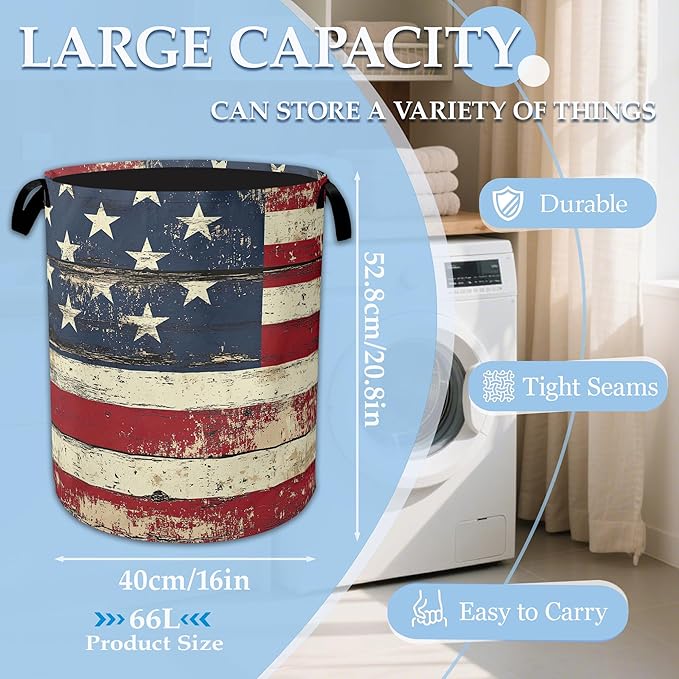 American Flag Laundry Basket Collapsible Laundry Hamper with Handle, Oxford Clothes Toy Storage Bin for Bathroom Bedroom Room Décor 16" X 20.8"