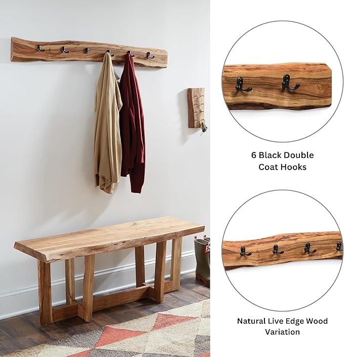 Alaterre Furniture Alpine Natural Live Edge Wood Coat Rack – 48 Inch Solid Wood Wall-Mounted Coat Hook with 6 Double Hooks – Modern Farmhouse Storage Organization for Entryway, Hallway, or Mudroom
