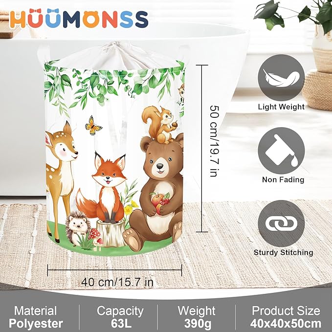 Jungle Animals Laundry Hamper Large Storage Basket Cartoon Wild Zoo Collapsible Parents Organizer Kids Toy Clothes Bins for Bedroom, Bathroom, Bear, 63L