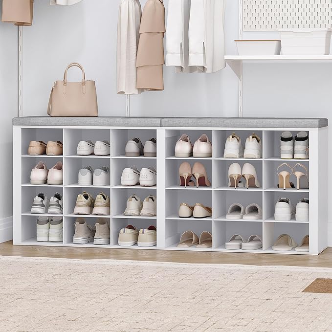 Shoe Storage Bench with Cushion, Entryway Storage Bench with 24 Cubbies, 9.5" Widened Organizer Cabinet, Long Cubby Rack for Living Room, Bedroom, Entryway, White SB32403GY