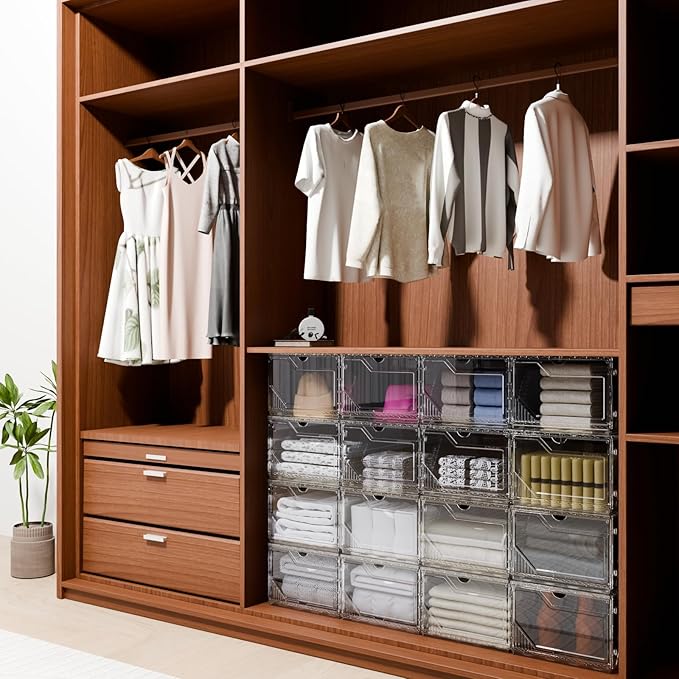 10 Pack Upgraded XX-Large Closet Organizers and Storage with Magnetic Door, New structure is more stable, Thicken & Sturdy Clear Stackable Interconnectable Shoe Box for Entryway, Under Bed