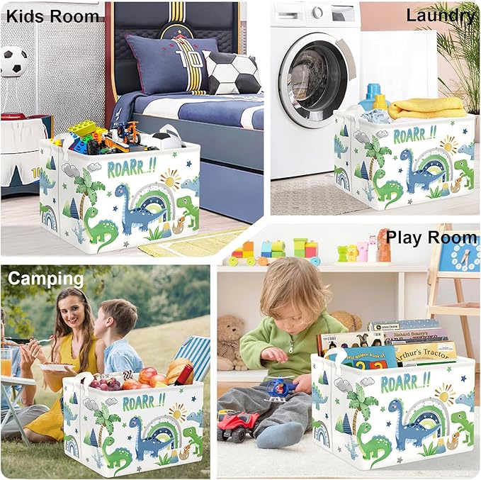 Dinosaur Laundry Hamper Large Storage Basket Cartoon Dino Collapsible Parents Organizer Kids Toy Clothes Bins for Bedroom, Bathroom, Palms, 36L