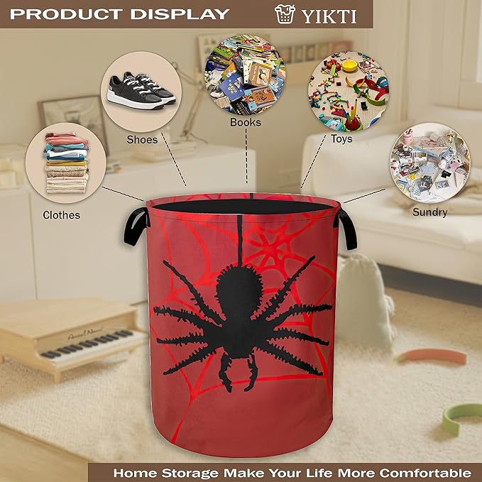 Laundry Hamper,Halloween Black Spider Laundry Basket,Red Spider Web Portable Collapsible Laundry Room Organization Storage for Dorm Room,Nursery,Bathroom,Bedroom,16x20 Inch