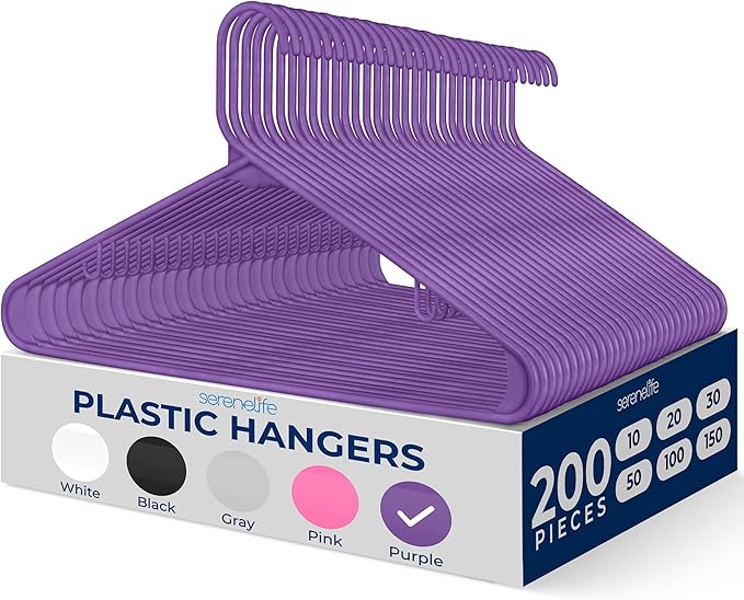 SereneLife 200 Pack Plastic Hangers, Non-Slip, Space-Saving Closet Organizers, Durable and Strong for Shirts, Sweaters, Hoodies, Kids Clothes & Dresses, Ultra-Thin, Lightweight