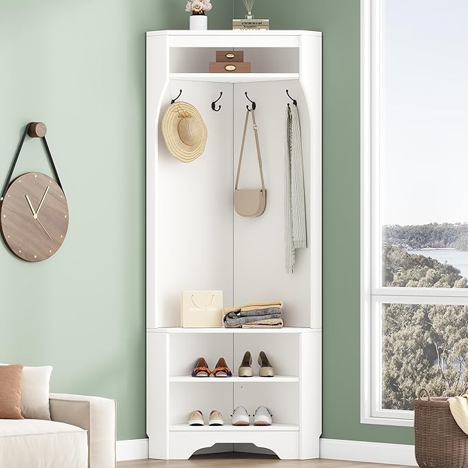 LUMISOL Modern Corner Hall Tree with Shoe Bench for Entryway, Mudroom Coat Rack with 4 Hooks, Corner Cabinet with Adjustable Shelf for Living Room Hallway, White